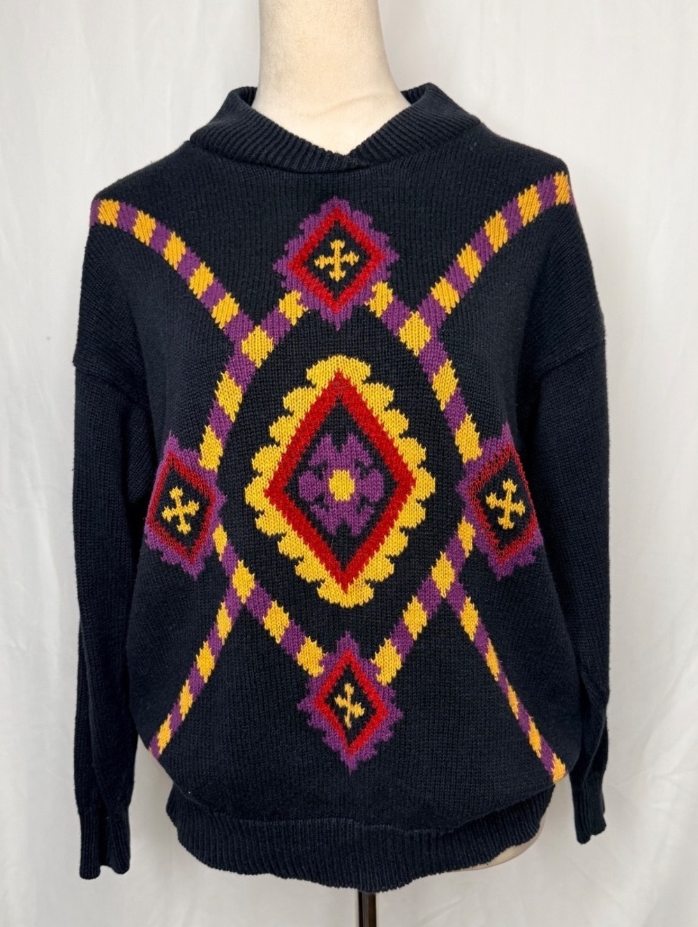 Vintage 80s Duet Ramie Cotton Blend Southwestern Geometric Sweater